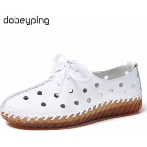Genuine Leather Shoes Woman Autumn Summer Ladies Shoes Lace Up Ballet Flats Cut-Outs Sneakers Women Moccasins Oxford Shoes Femal