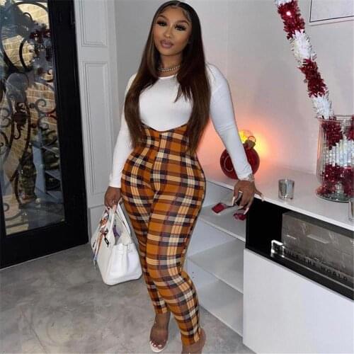 Womens Sexy Printed Checkered Suspenders Waist Casual Jumpsuit