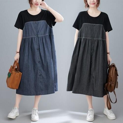 Summer New Fashion Women Denim Patchwork Dress A-Line Vintage Thin Loose Casual Mid-Length Mom Oversize Short Sleeve Chic Frocks