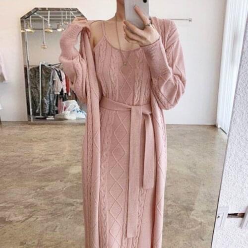 Sexy Retro Twist Spaghetti Strap Knitted Dress Women Bandage Autumn Winter Fashion Sets V Neck Long Sweaters Cardigan Jacket