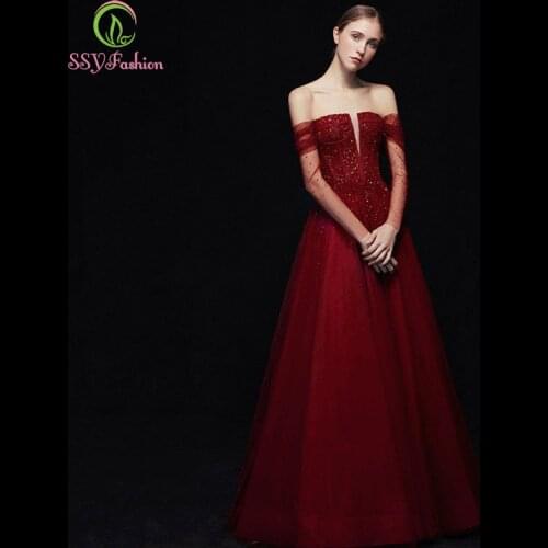 SSYFashion New Luxury Evening Dress Elegant Wine Red Boat Neck Long Sleeve Crystal Beading Prom Formal Gowns Vestidos De Noche