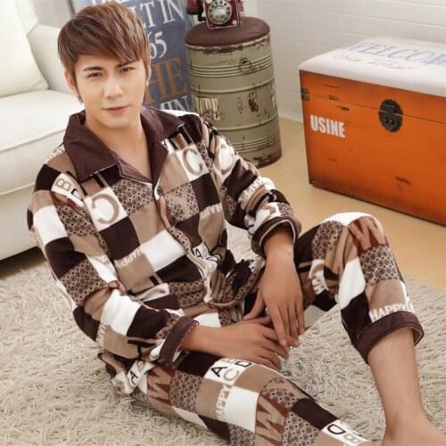2019 New Style Mens Pajamas Set Autumn Winter Warm Flannel Thicken Male Pajamas Sets Long Sleeve Sleepwear Top +Pant Homewear