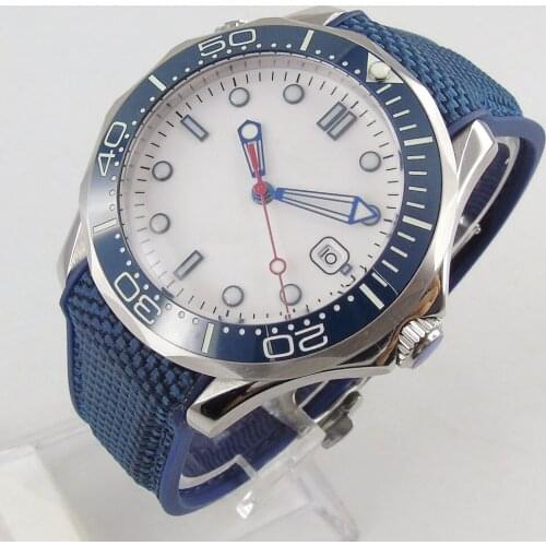 Automatic Mens Watch White Dial MIYOTA 8215 Ceramic Bezel Date Sterile Rubber Screw Crown Sapphire Crystal