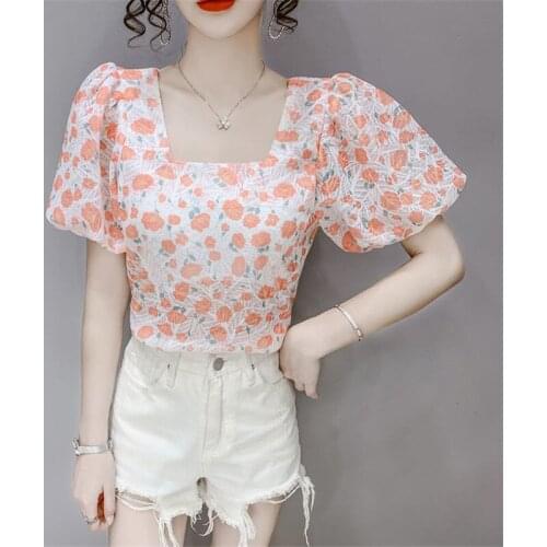 Summer Chiffon Women Blouses All-Match Elegant Shirts Lace Square Collar Puff Sleeve Sexy Backless Aesthetic Tops Blusas MM0664