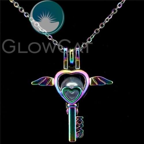 C788 Rainbow Color Key Heart Wings Love Beads Cage Perfume Essential Oil Diffuser Oyster Pearl Cage Locket Necklace