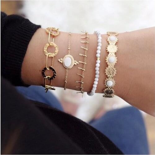 CHENFAN Fresh white pattern Bracelet simple geometric chain round piece pendant 4-piece Bracelet for women Set Bangle for women