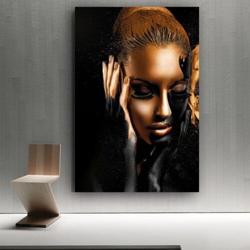 Black Golden African Woman Portrait Oil Paintings on Canvas Nude Art Poster and Print Scandinavian Wall Pictures Home Decoration