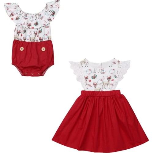 Kids Newborn Baby Girl Xmas Sister Matching Clothes Ruffle Sleeve Bodysuit Jumpsuit Lace Patchwork Dress Chirstmas Outfit 0-6T