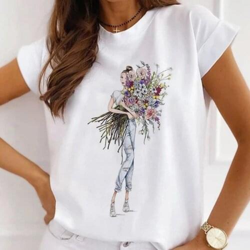 FIXSYS Girls Harajuku Casual Tops Tee Summer New Fashion Short Sleeve Women T-shirt Flowers Dress Graphic Printed Ladies Tshirts
