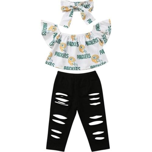 Baby Kids Girl Clothes Set Print Off Shoulder Strapless Top Shirt+Long Hole Pants+Hairband Outfits