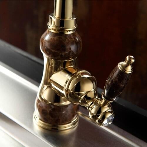Brass with Marble Kitchen Crane Single Handle Gold Finish 360 Swivel Mixers Taps Kitchen Tap Sink Mixer U-01Kitchen Faucets