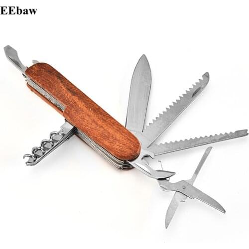 Multifunctional Folding Army Knives Outdoors Camping Survival Knife Wood Handle Stainless Steel Saw and Scissors Hand Tool Set