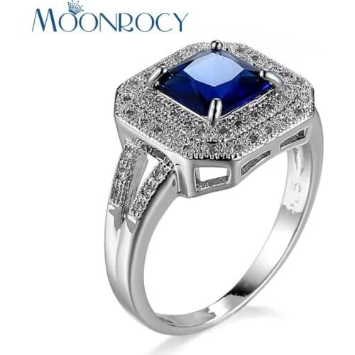 MOONROCY Drop Shipping Fashion Jewelry Wholesale Silver Color Cubic Zirconia Square Blue Crystal Wedding Ring for OL Women Gift