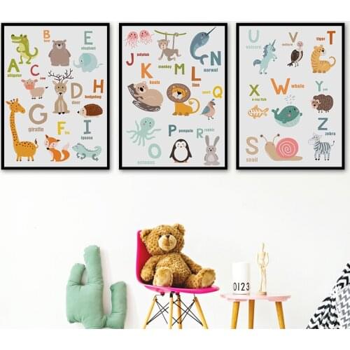 Cartoon Alphabet Animal Collection Giraffe Lion Wall Art Canvas Painting Nordic Posters And Prints Wall Pictures Kids Room Decor