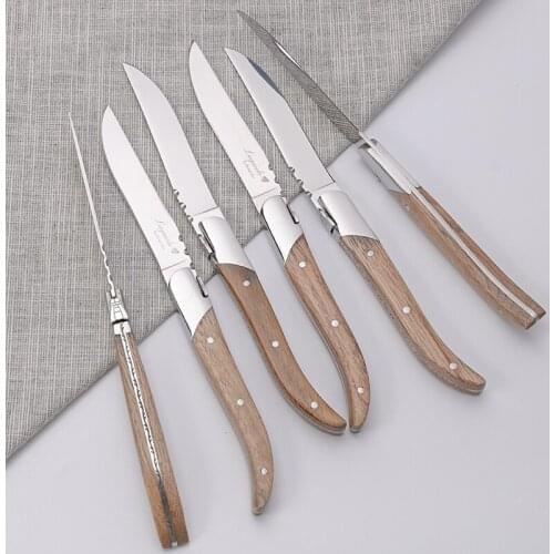 6PC/Set of Franch Style Top Quality Rubber Wood Stainless Steel Tableware Set Knife Fork Practical Gift Western Flareware Set