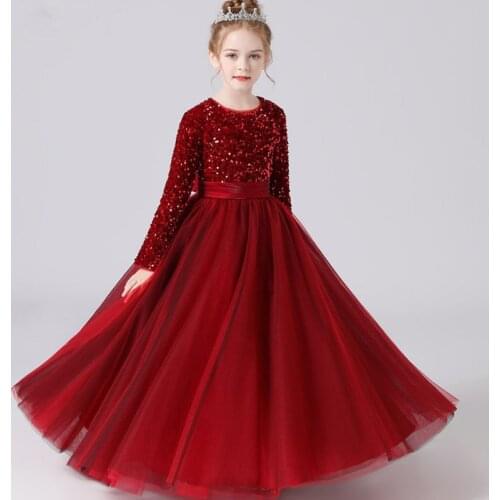 Princess Flower Girl Dress Long-sleeve Sequin Elegant Wedding Birthday Party Kids Dresses Girls Childrens Teenager Prom Dress