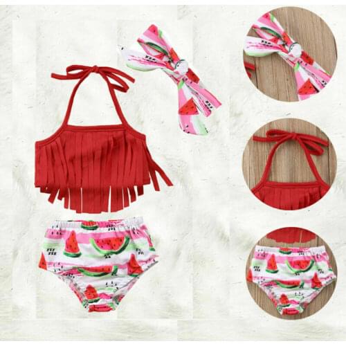 Toddler Kids Baby Girl Watermelon Print 3Pcs Sunsuit Beachwear Girls Summer Tassels Bikini Set Romper Bottoms Crop Top Clothes