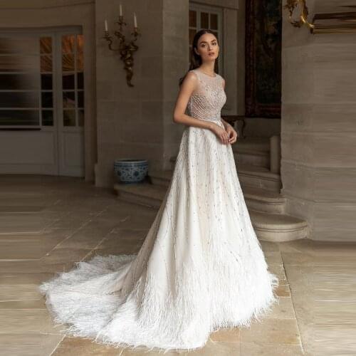 Luxury Feather Wedding Dresses Sheer Sleeveless O Neck Beaded Custom Made Satin A Line Bridal Wedding Gowns With Train