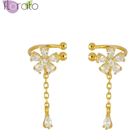 1pair 925 Sterling Silver Clip on Earrings for Women Cute Flower-shaped Ear Cuff Gold Silver Chain Ear Cuff Without Piercing