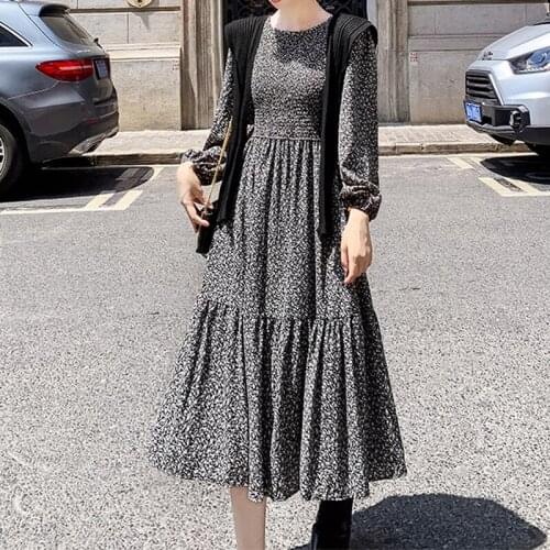 French Elegant Floral Printed Chiffon Dresses Women Casual Long Sleeve O-neck Long Dress Female Black Floral Floral Vestidos New