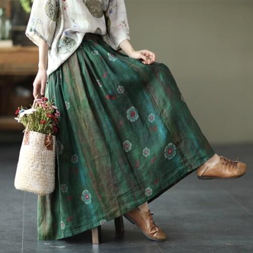 NINI WONDERLAND 2021 Summer Print Flower Ramie A-line Midi Skirt Women Elastic Waist Vintage Retro Skirts Loose Casual Skirt