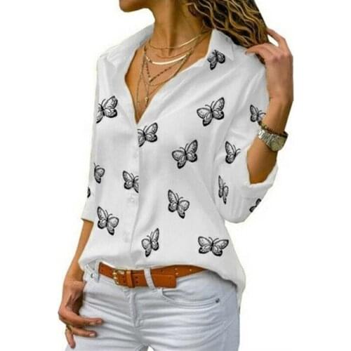 Fashion Womens Butterfly Print Blouse Shirt 2021 Spring Summer Casual Long Sleeve Ladies Buttons Tops Loose Blouses