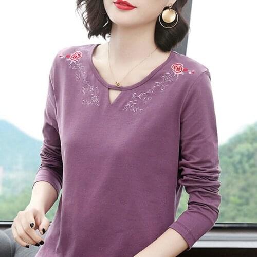 Chinese Style Women Autumn Spring New Embroidered Long Sleeves T-shirt Female Girls Lady Plus Size 4XL 5XL 6XL Basic Shirt Tops