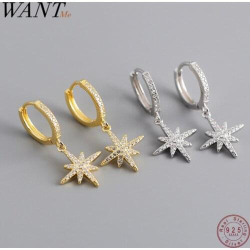 WANTME Genuine Fashion 925 Sterling Silver Anise Star Pave CZ Gothic Stud Earrings for Women Party Wedding Jewelry Accessories