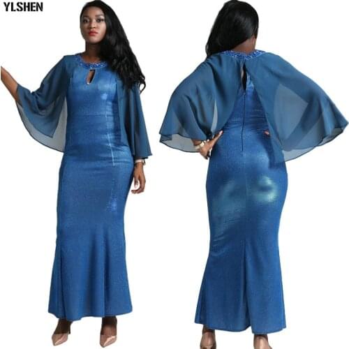 New Style Long Mermaid Party Evening Dress African Dresses for Women Summer Glitter Fabric Mesh Sexy Slim Bodycon Robe Femme