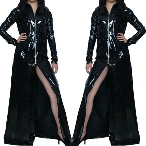 Top Quality Sexy Women PVC Zipper Dress Split Front Wetlook Gothic Black Vestidos Slim Dress Long Sleeve Cosplay Costume