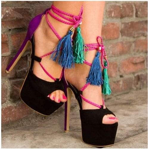 Night club lady high platform super high heel lace up tassel sandal platform sandal lace up tassel large size customize make