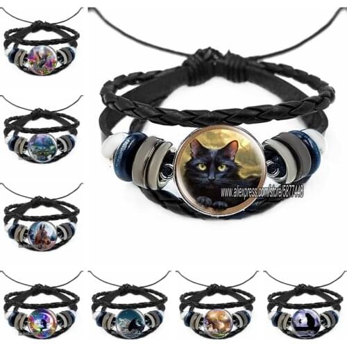 Black Cat Leather Bracelets Horse Butterfly Black Charm Multi Layers Weave Handmade Punk Charm Bracelets for Unisex