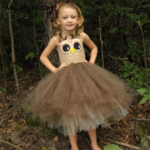 Cute Girls Coffee Owl Feather Tutu Dress Kids Crochet Cartoon Strap Dress Children Birthday Party Costume Animal Cosplay Dresses