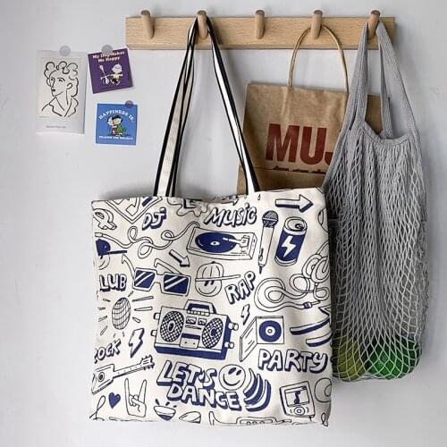 DJ Element Pattern Tote Shopping Bag for Lady 2021 Cartoon Canvas Shoulder Bag Women Students Cotton Cloth Eco Shopper Bag