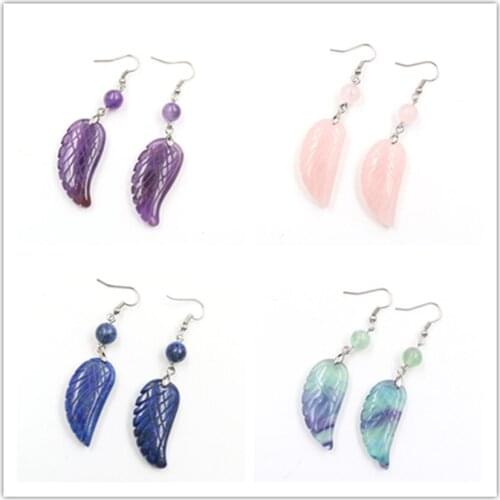 FYJS Unique Silver Plated Angel Wing Fluorite Stone Drop Earrings Opalite Opal Classic Style Jewelry