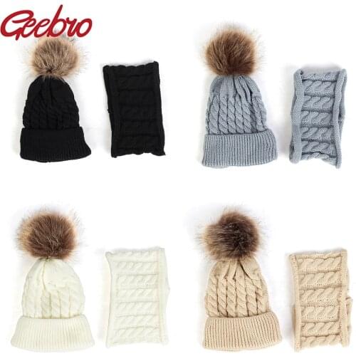 Geebro Newborn Baby Winter Warm Knitted Hat Scarf Set With Pom Pom Toddler Cut Soft Thicken Beanies Infant Girls Hats Caps