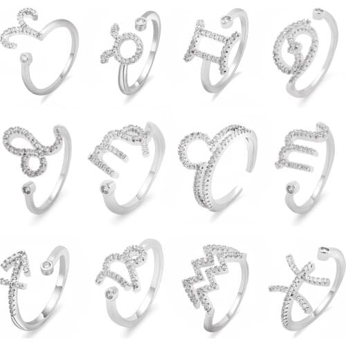 LuReen 12 Constellations Zodiac Sign Finger Rings for Women Girls Silver Color Adjustable Iced Out Cubic Zirconia Ring Jewelry