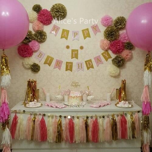Hot Custom Age Number Happy Birthday Bunting Gorgeous Pink Stripes Dots Banner Birthday Party Bunting 1st 2nd 3rd Party Garland