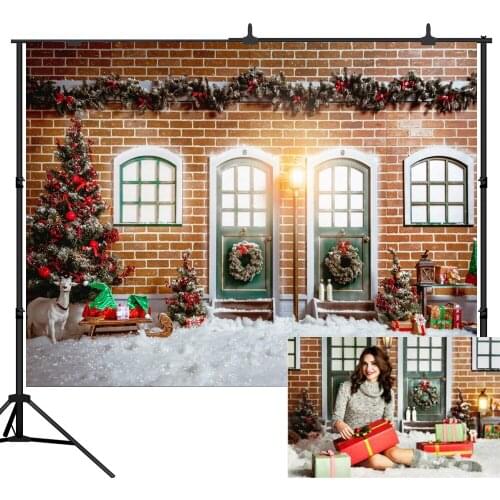 Lyavshi backdrops for photography Red brick wall door windows snow ground Christmas background photographic studio