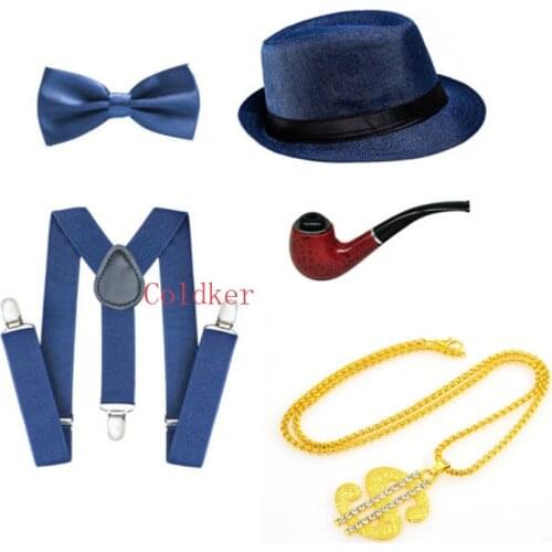 20s Party Cosplay Costumes 1920s Mens Gatsby Gangster Accessories Set Panama Hat Suspender Bow Tie Necklace