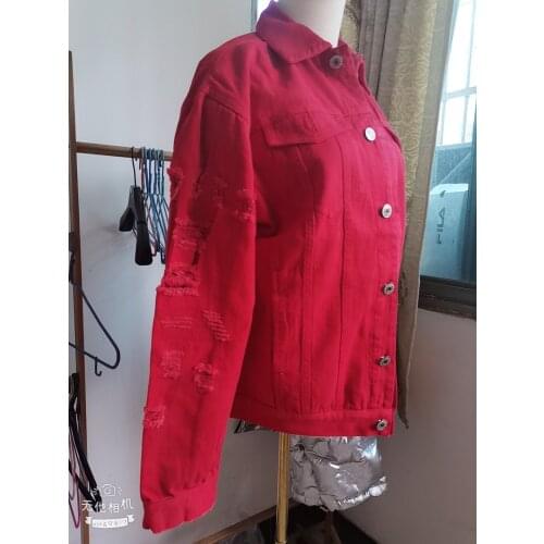 Sent within 48h Plus Size 5xl Ripped Black Denim Jacket Women Streetwear Red White Lovers Jeans Jacket 2021 new Casual Outwear