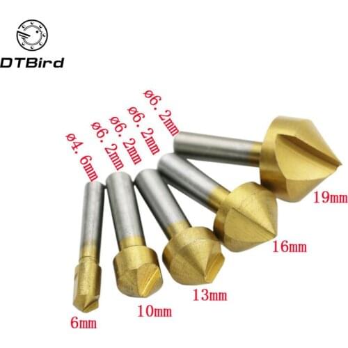 5 Pcs Countersink Drill Set Hex Shank HSS 5 Flute Countersink 90 Degree Chamfering Cutter Chamfer 6mm-19mm DT7