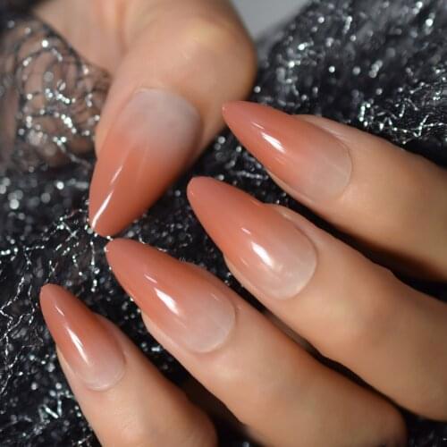 Fadeing Line Fake Nails Artificial Nails Tips Full Cover Medium Almond Sharp Fingernail Nail Gel Polish Glossy Press On Nail Set