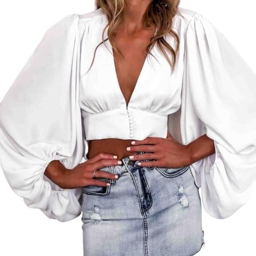 New Womens Sexy Deep V Neck Shirt Puff Long Sleeve Blouse Folds Tops Fashion Ladies Clothes