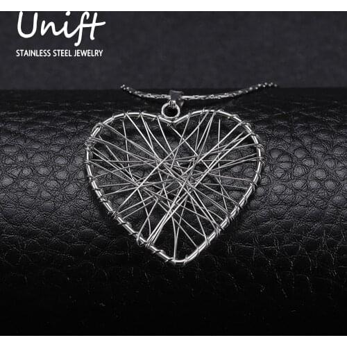Unift Hollow Heart Grid Necklace Classic Geometric Pendant Irregular Line Design Stainless Steel Snake Bone Chain Trendy Jewelry