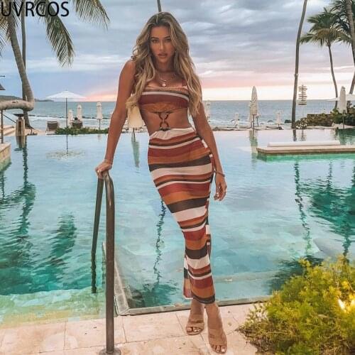 UVRCOS Midi Dresses Wholesale Items Summer New Arrival Resort Wear Womens 2021 Striped Printing Patchwork Backless Camis Dresses