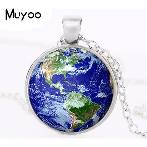 "Earth Glass Pendant Earth Necklace Earth Jewelry Space Universe Birthday Gift Glass Cabochon Pendant Sliver Plated HZ1