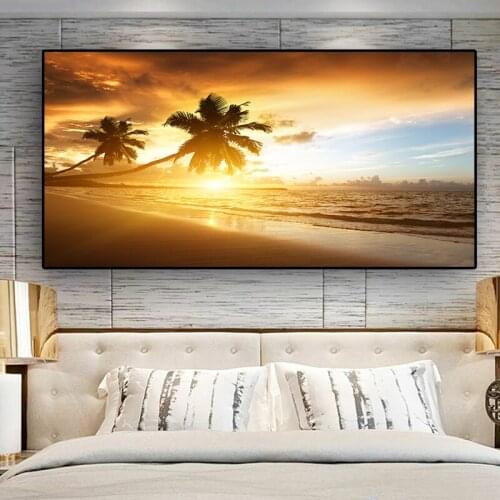 Coconut Tree Sunsets Sea Beach Landscape Posters and Prints Canvas Painting Panorama Scandinavian Wall Picture for Living Room