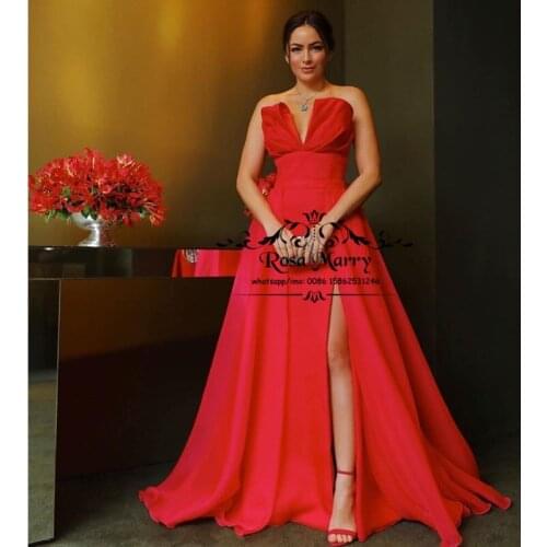 Sexy Red Plus Size Cheap Evening Dresses 2020 Yousef Aljasmi A Line High Split Design Formal vestidos de fiesta de noche