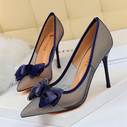Ladies Sexy Mesh Hollow Black Blue Shoes Women Pumps Fashion Bowknot High Heels Shoes Woman Pointed Toe thin Dress Party Shoes